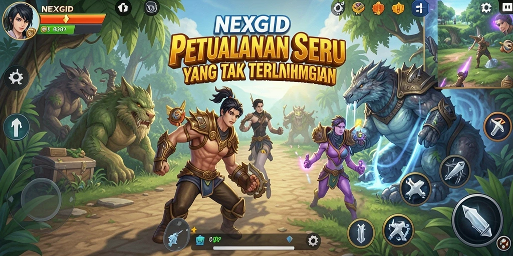 Gameplay NEXGID yang menegangkan dalam dunia petualangan yang luas.
